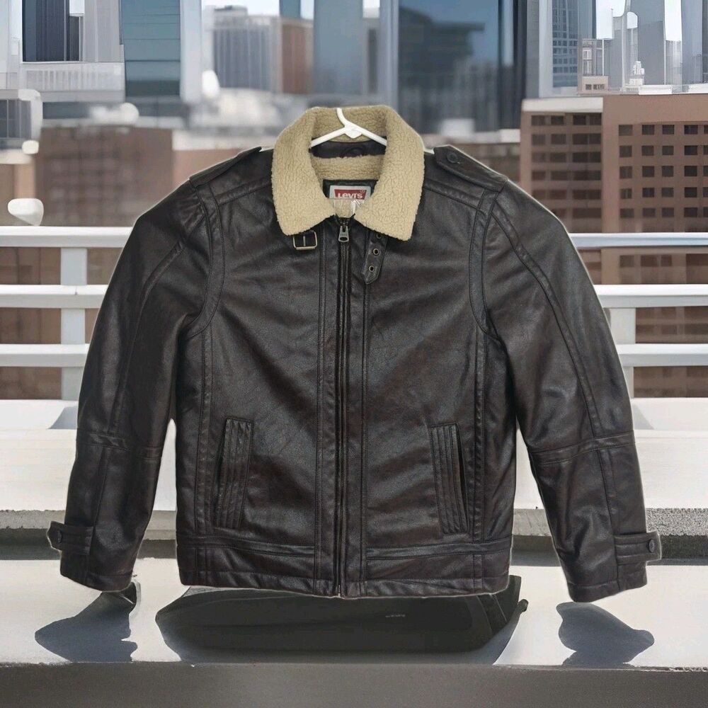 Levi's faux leather men's full-zip bomber jacket, medium, brown, faux fur trim - Picture 1 of 10